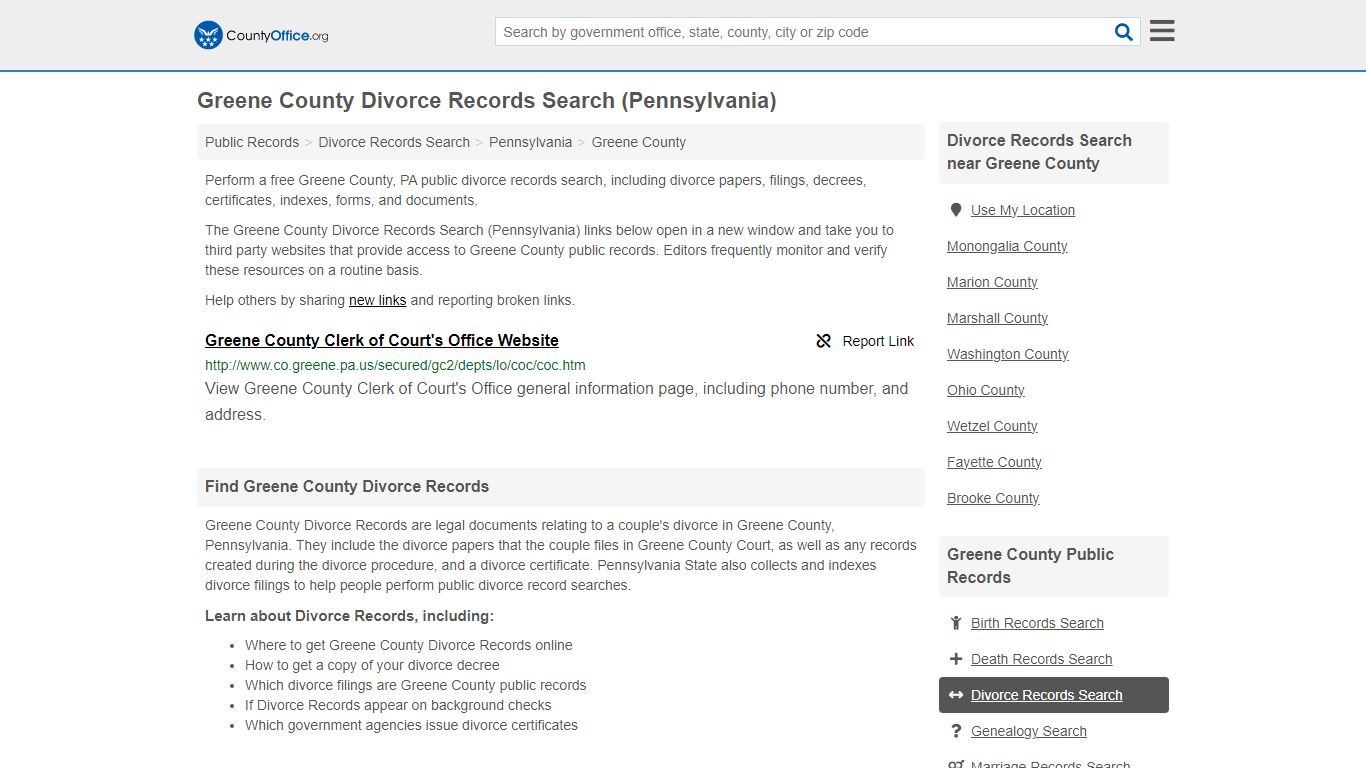 Greene County Divorce Records Search (Pennsylvania) - County Office